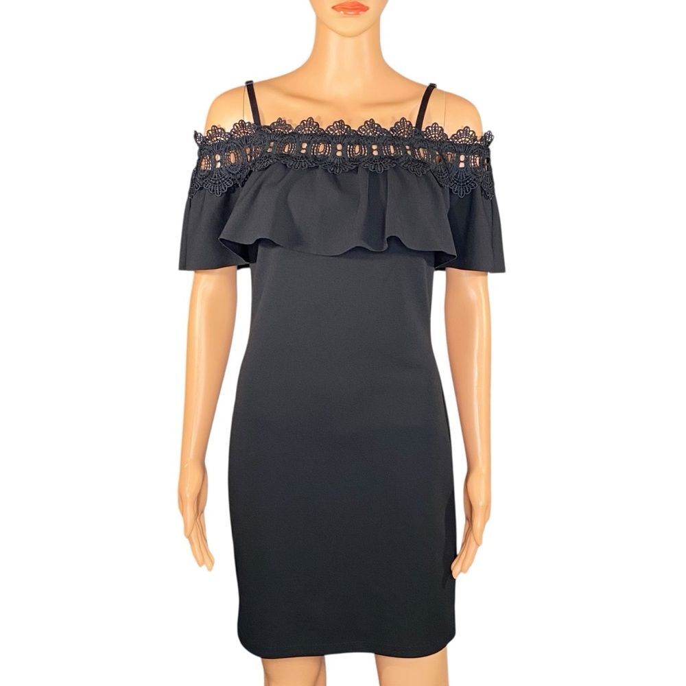 by & by Black Cocktail Dress Off the Shoulder Lace Ruffle Knee Length Jun SZ 7